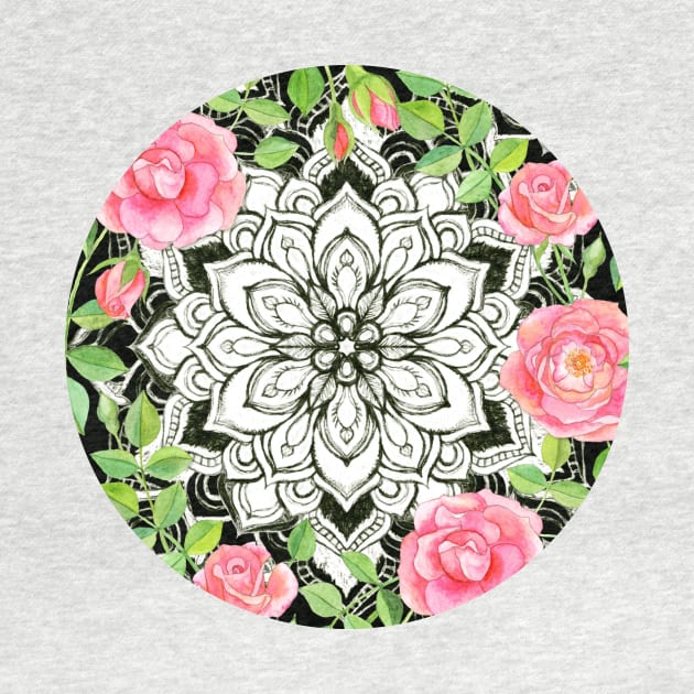 Peach Pink Roses and Mandalas on Black and White Lace by micklyn